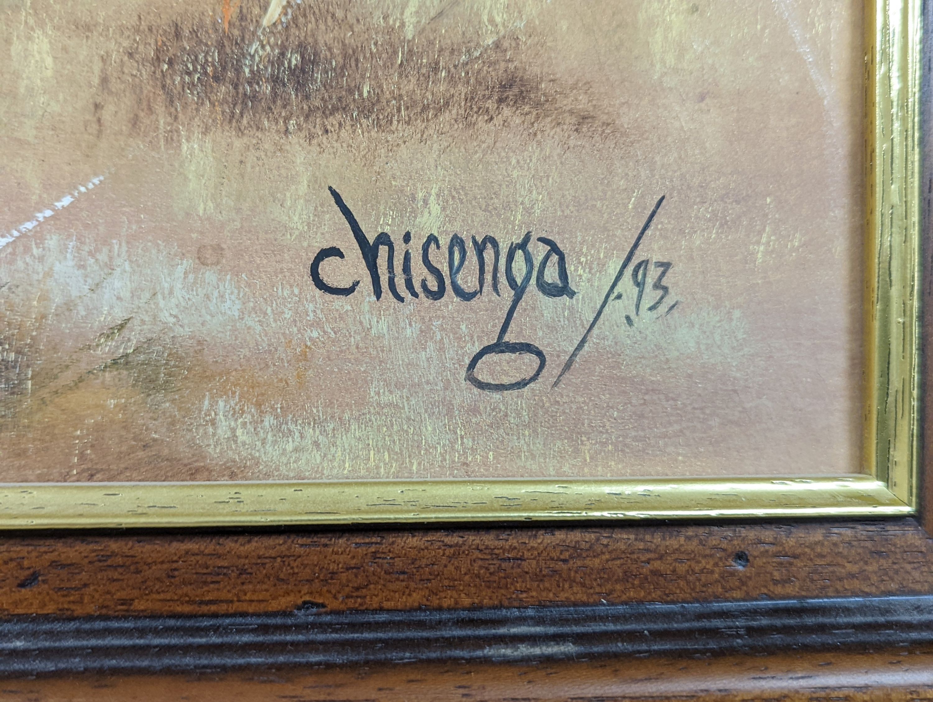 Chisenga, oil on canvas, Study of a leopard, signed and dated '93, 57 x 65cm
